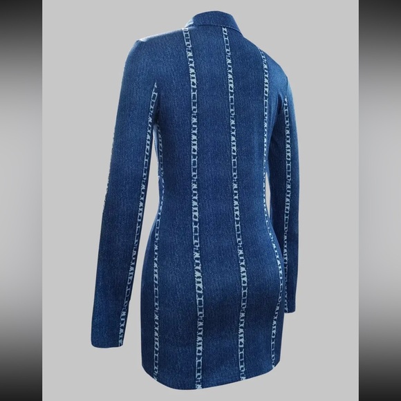 Form Fitting Bodycon Jean Look-a-Like Long Sleeve Polyester Print Dress - Picture 5 of 8